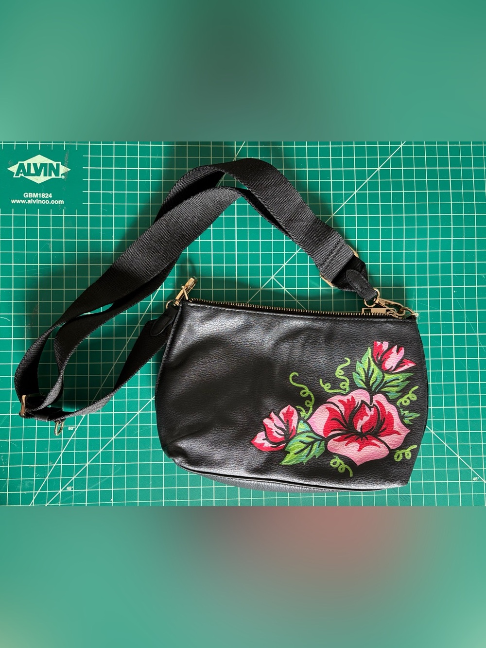 Target Black Crossbody Bag with Hand Painted Pink Hibiscus Flower
